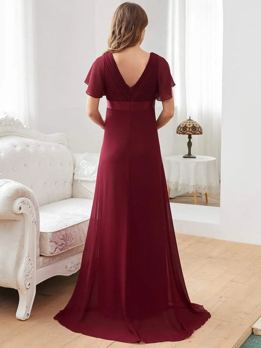 Ruched Bodice Flowy Chiffon Floor-Length Maternity Dress with Sleeves