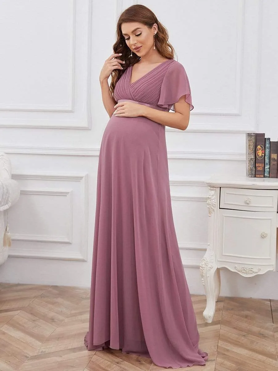 Ruched Bodice Flowy Chiffon Floor-Length Maternity Dress with Sleeves