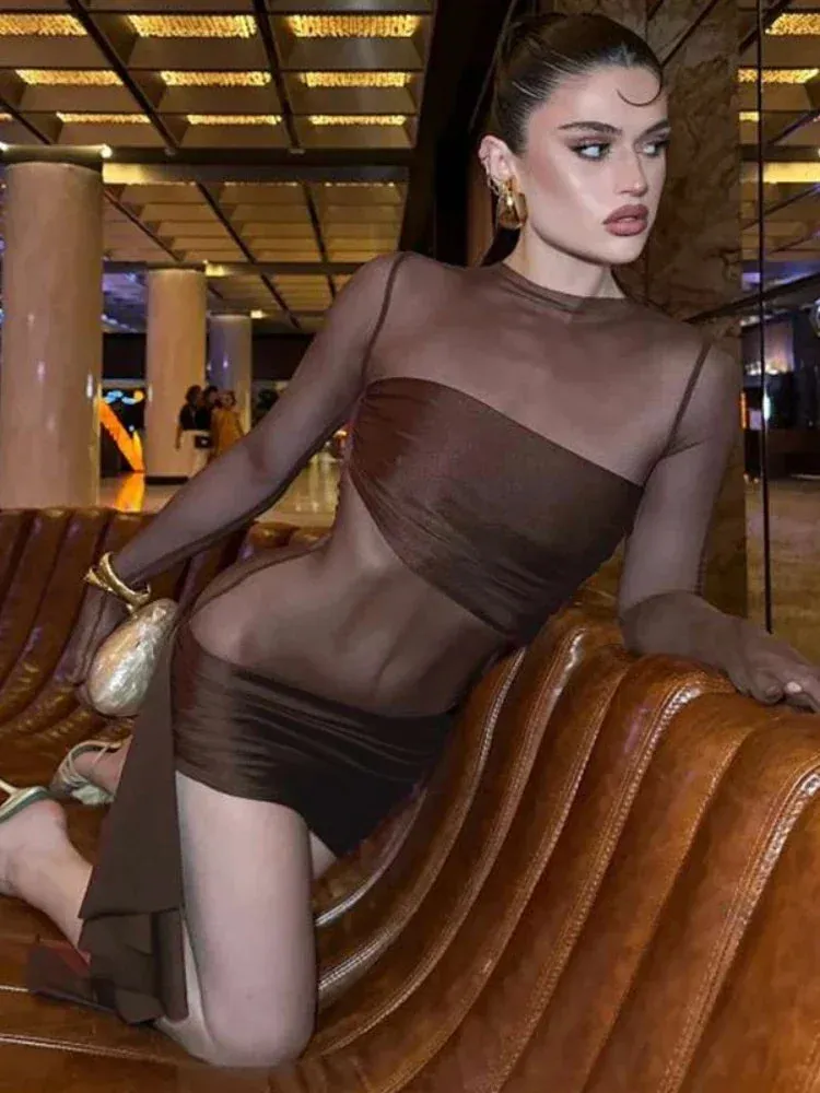 See Through Mesh Patchwork Sexy Club Dresses Gloves Long Sleeve Draped Mini Dress Fall Clothes 2024 Women C83-DZ25