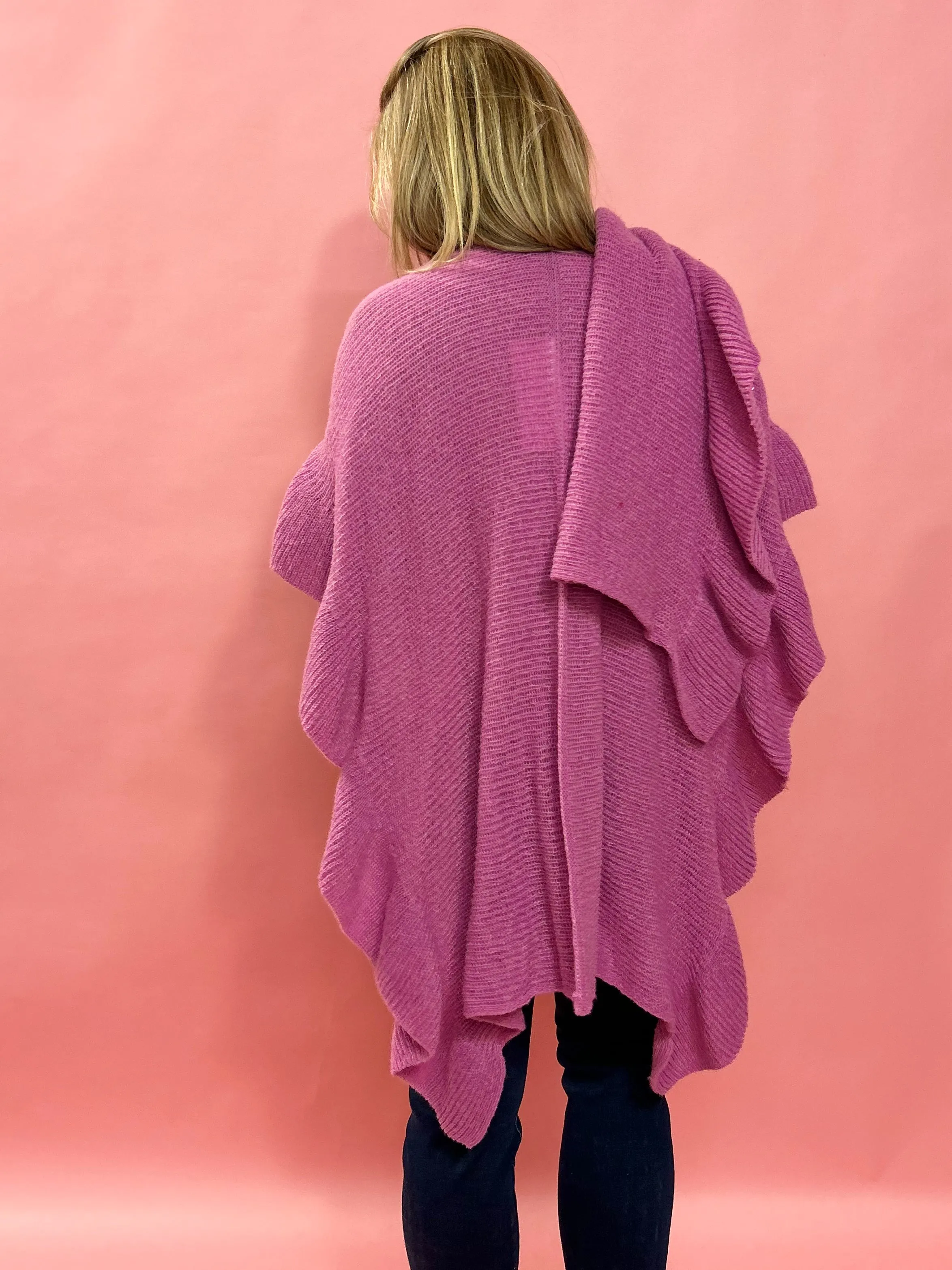 Shawna Knitted Ruffled Sleeve Shawl in Fuchsia