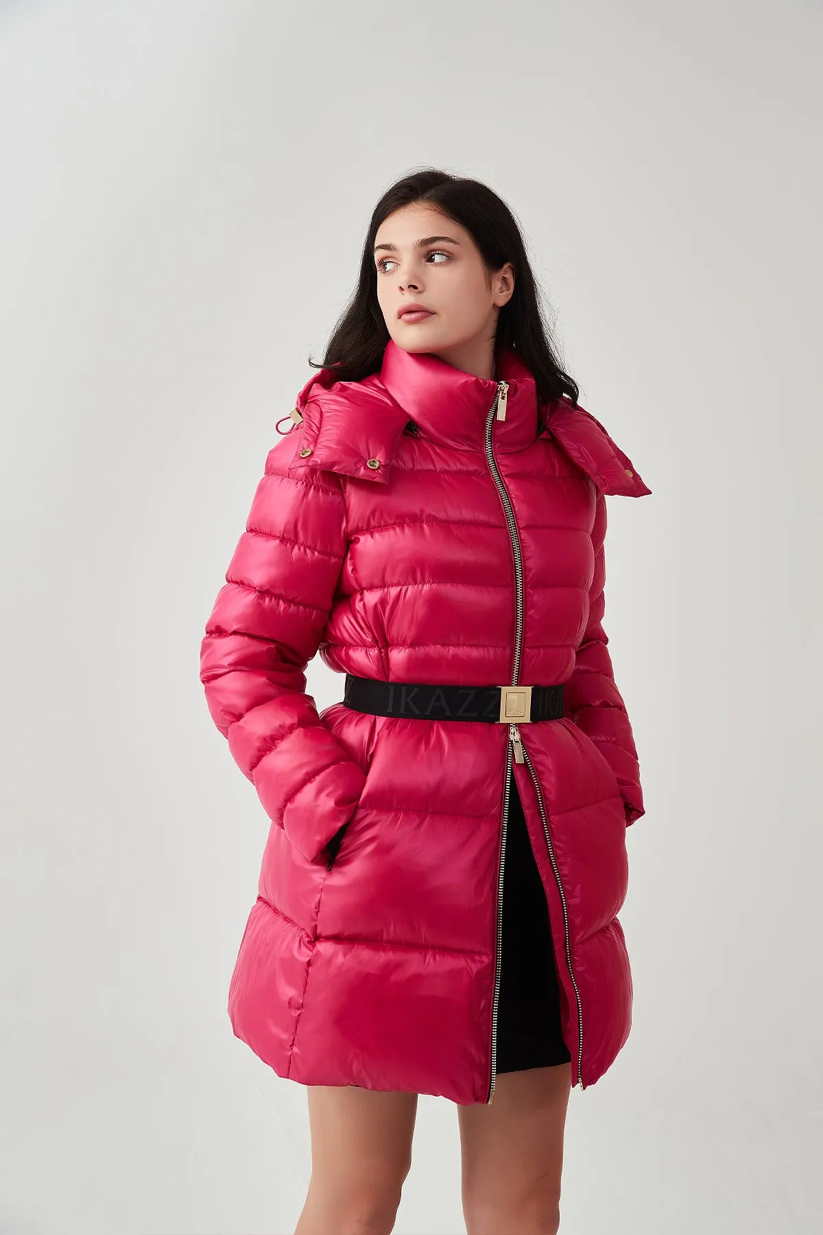 Shiny Belted Mid Length Puffer Coat with Hood