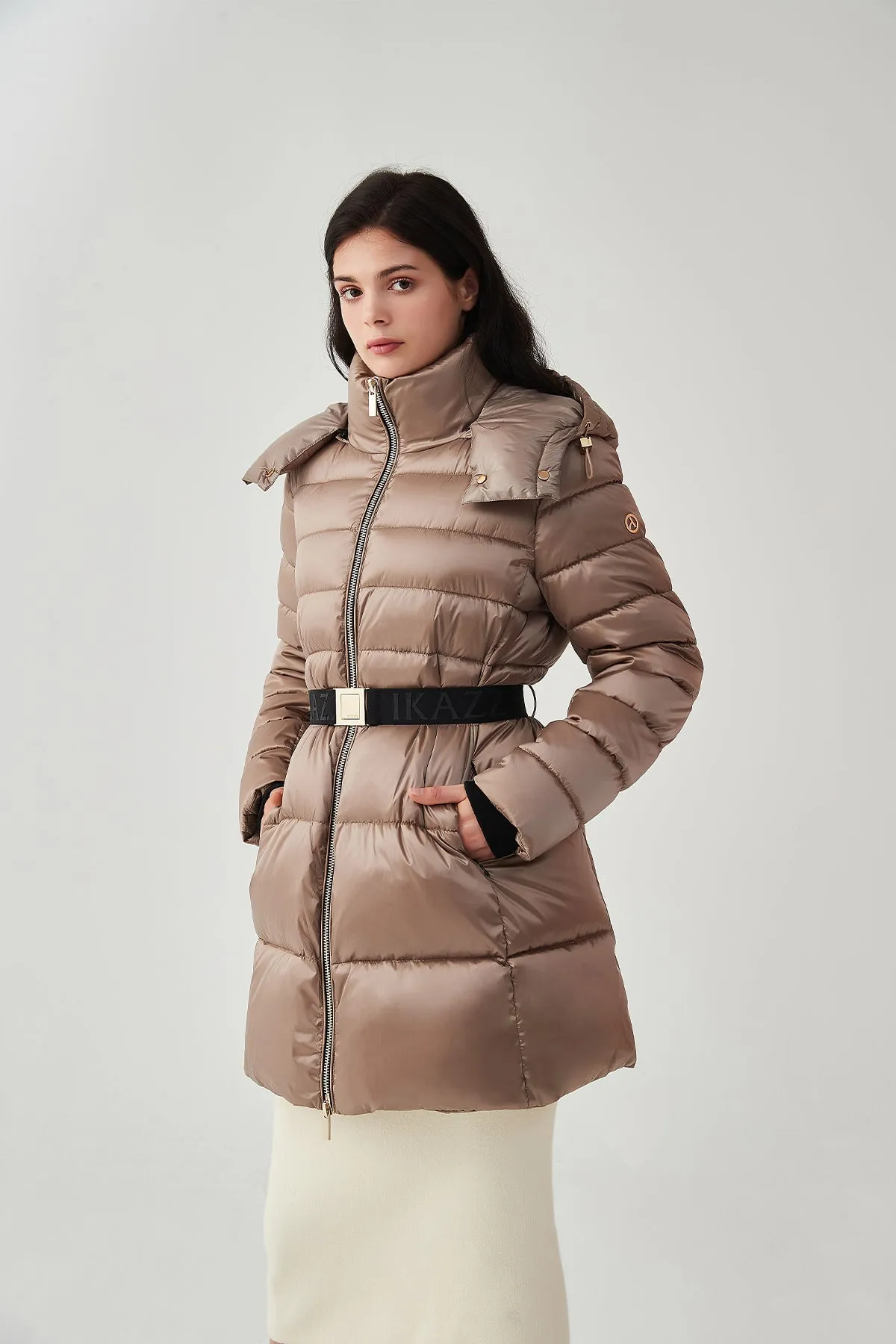 Shiny Belted Mid Length Puffer Coat with Hood