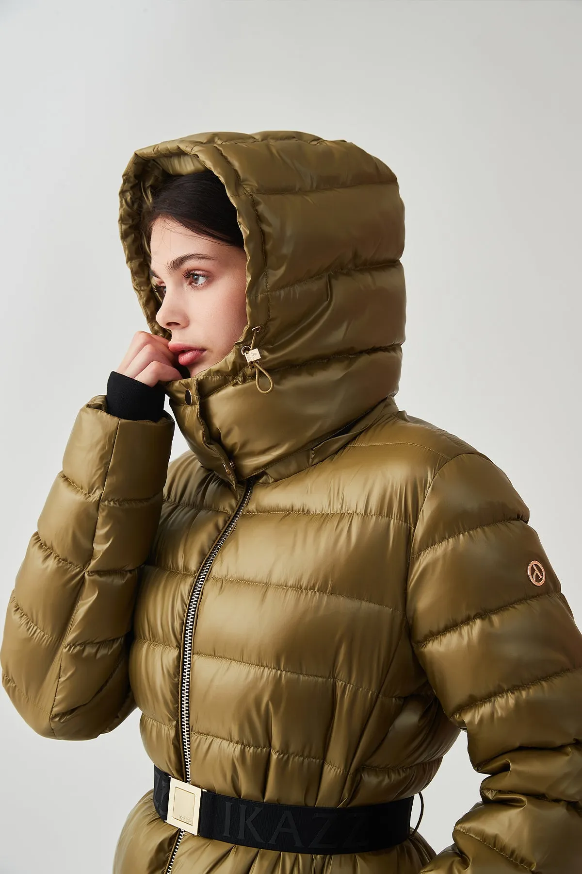 Shiny Belted Mid Length Puffer Coat with Hood