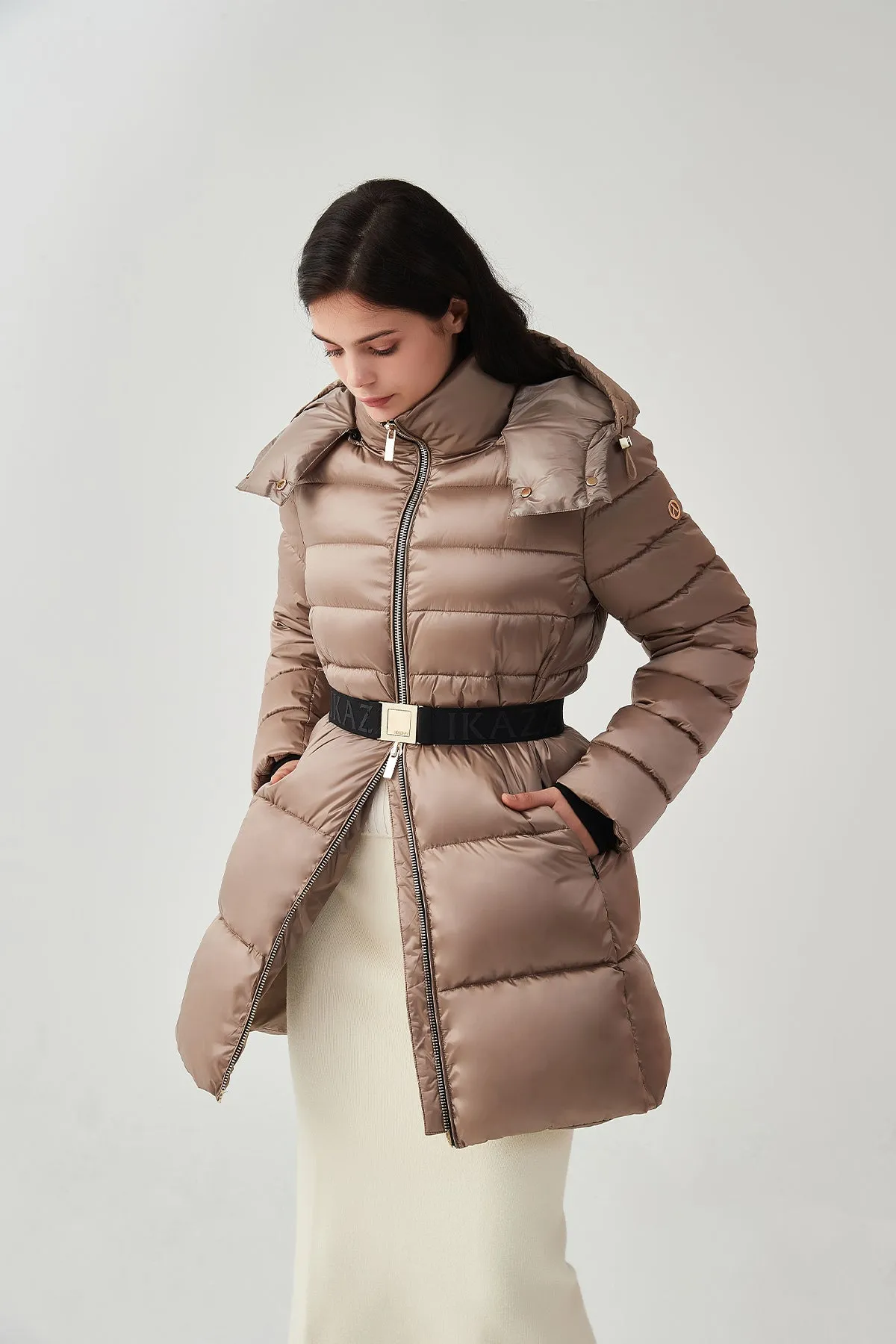 Shiny Belted Mid Length Puffer Coat with Hood