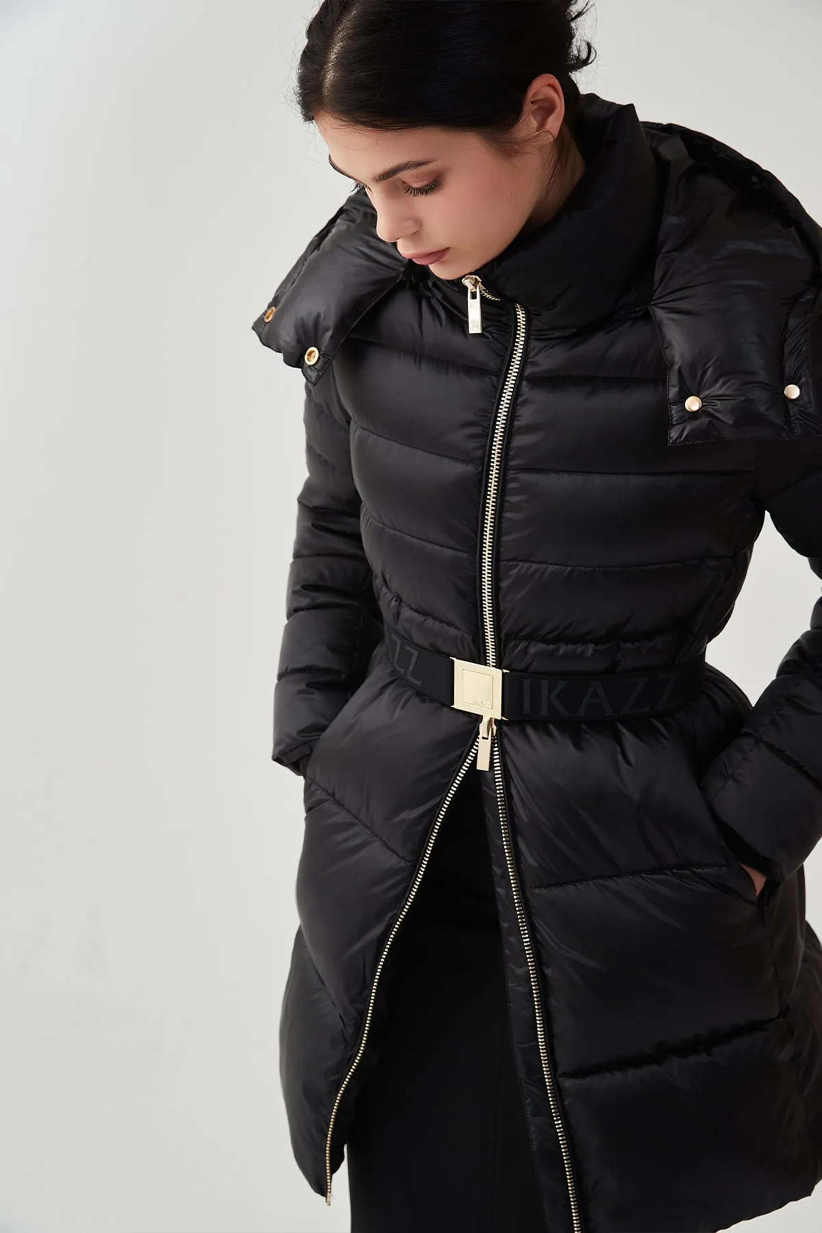 Shiny Belted Mid Length Puffer Coat with Hood