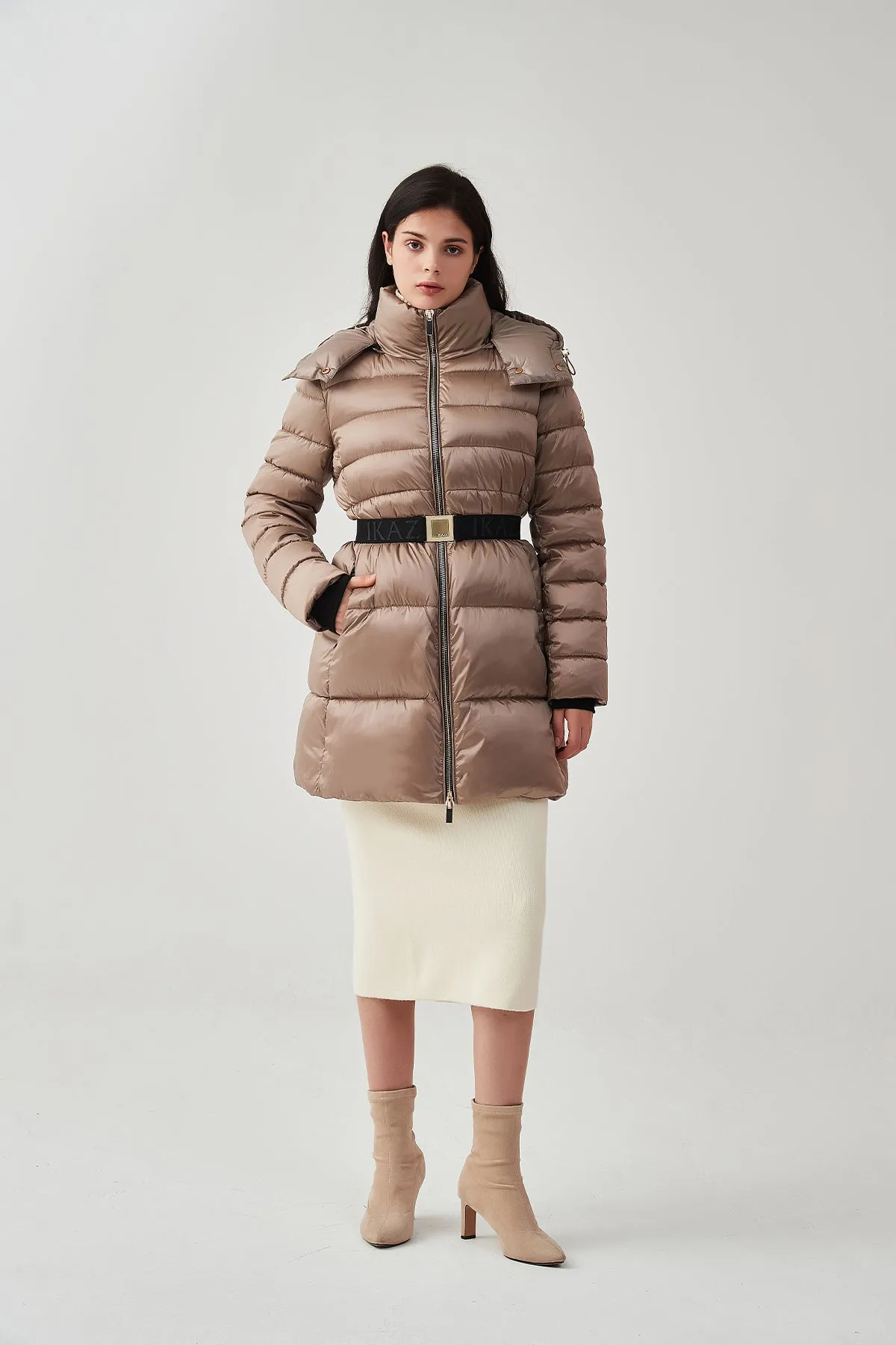 Shiny Belted Mid Length Puffer Coat with Hood