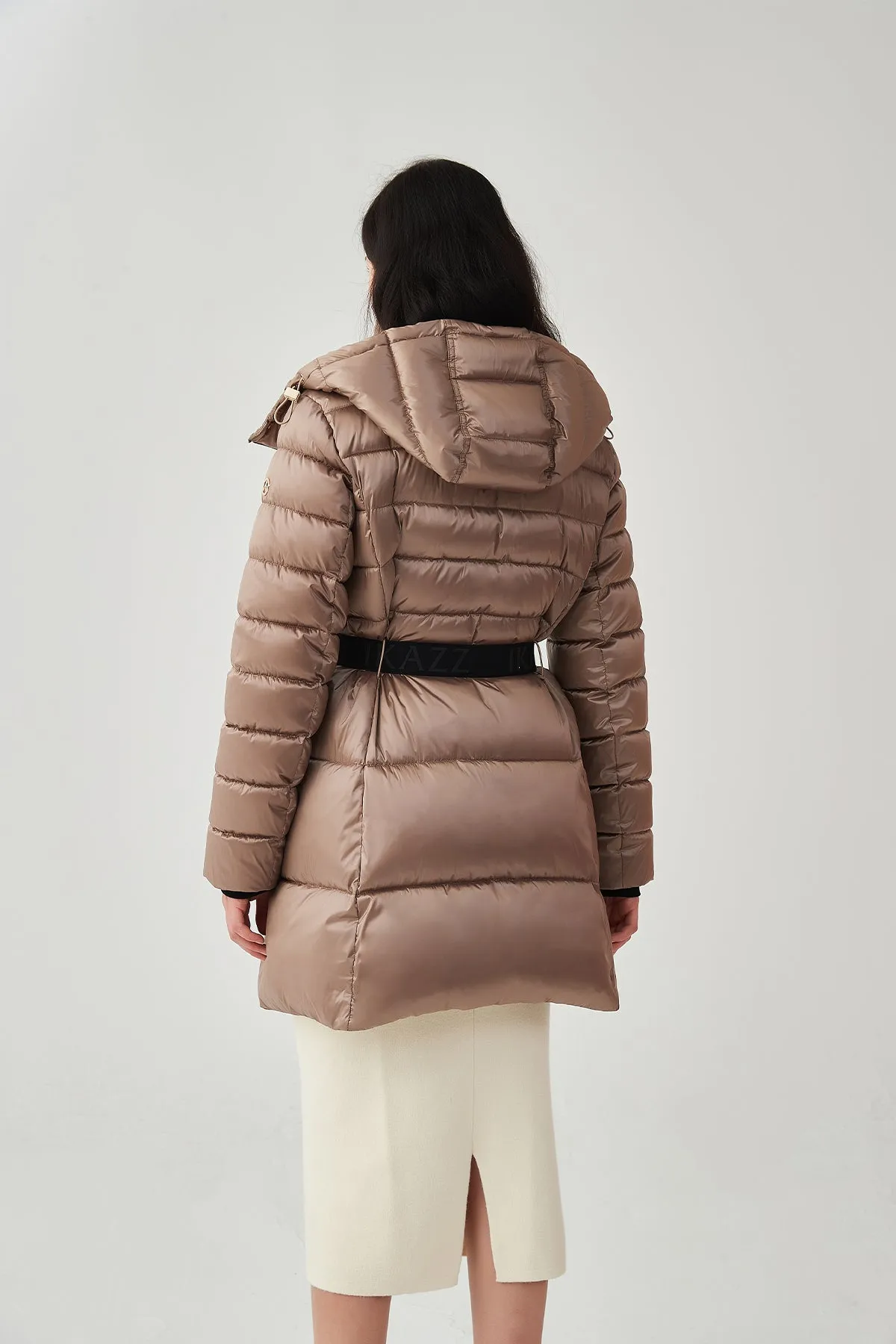 Shiny Belted Mid Length Puffer Coat with Hood