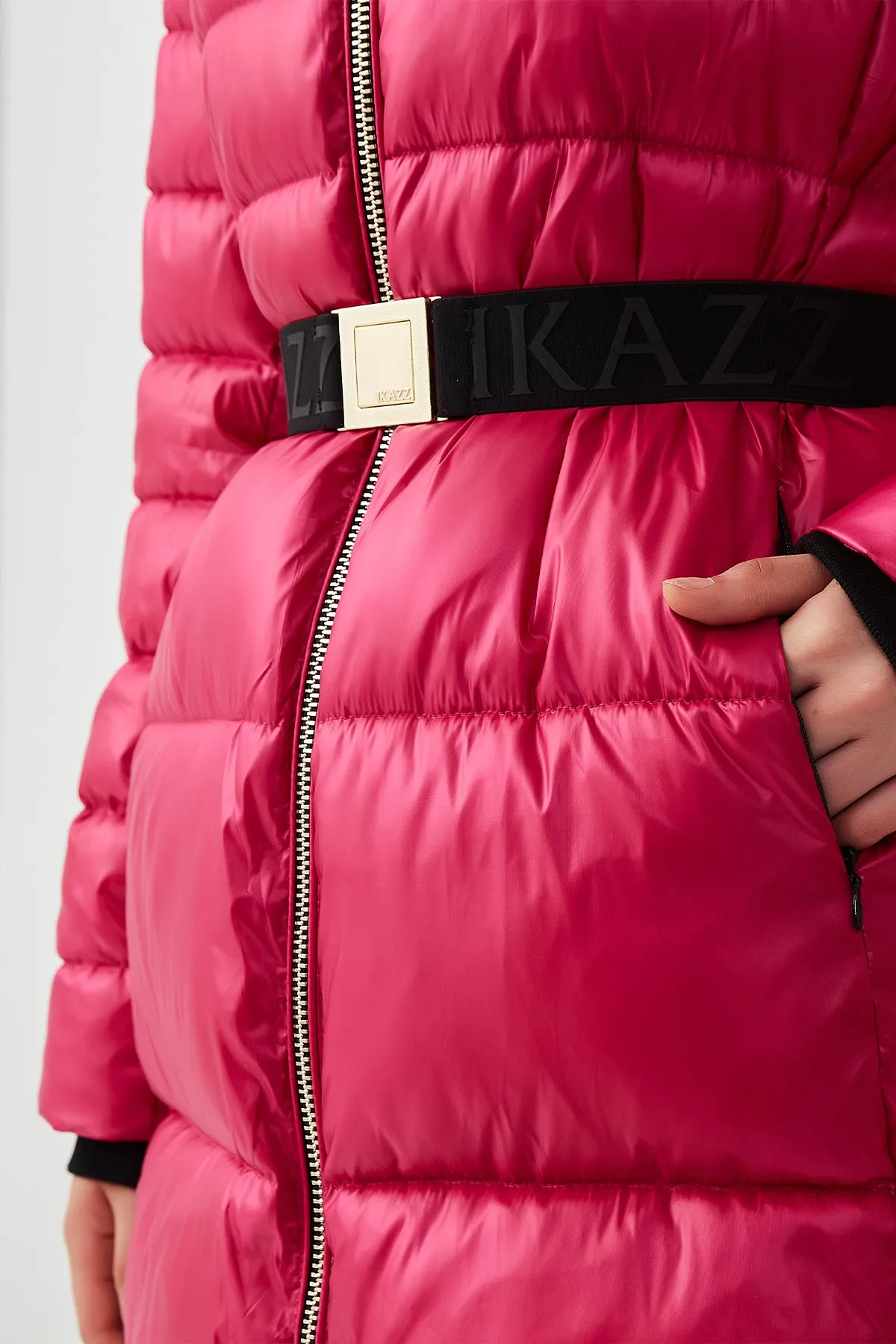 Shiny Belted Mid Length Puffer Coat with Hood