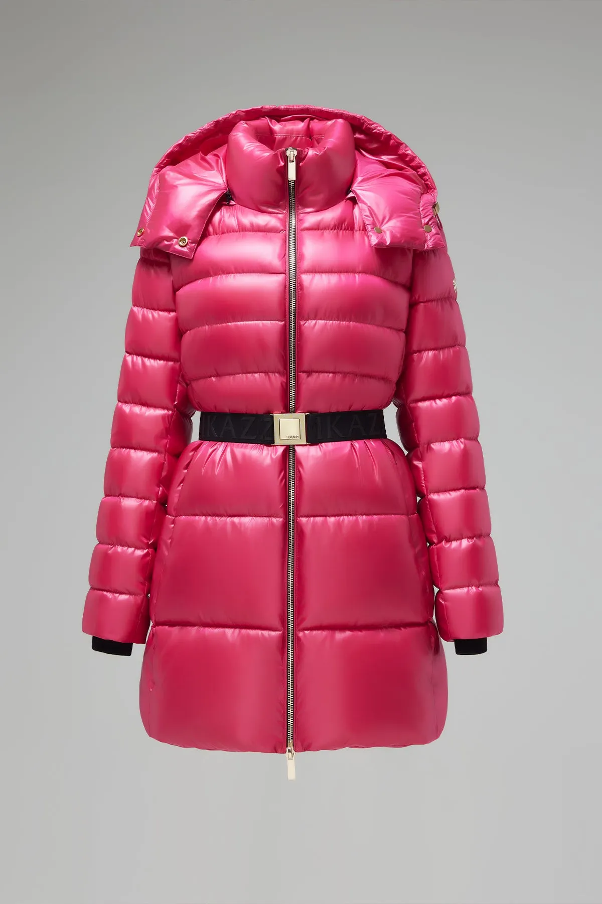 Shiny Belted Mid Length Puffer Coat with Hood