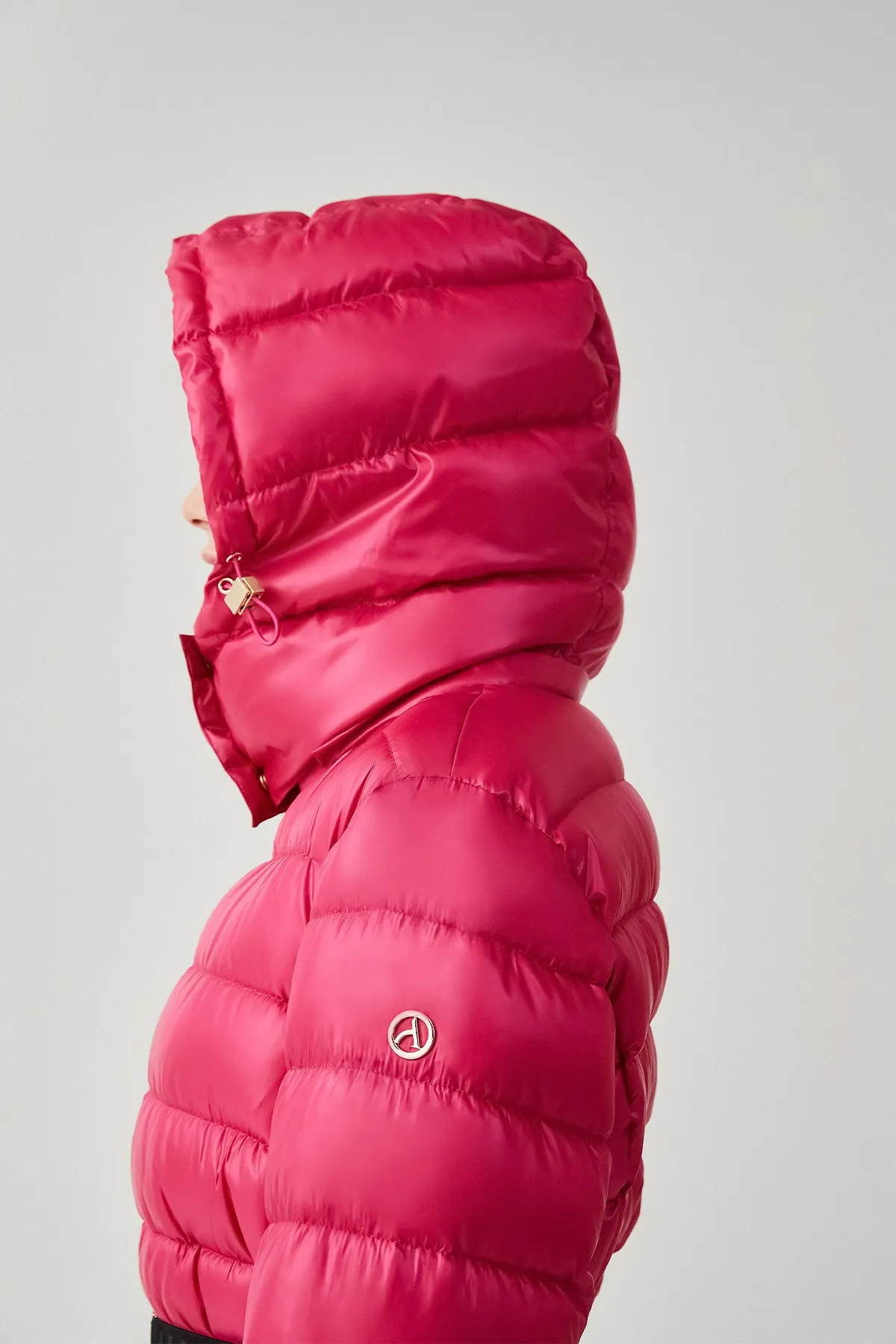 Shiny Belted Mid Length Puffer Coat with Hood