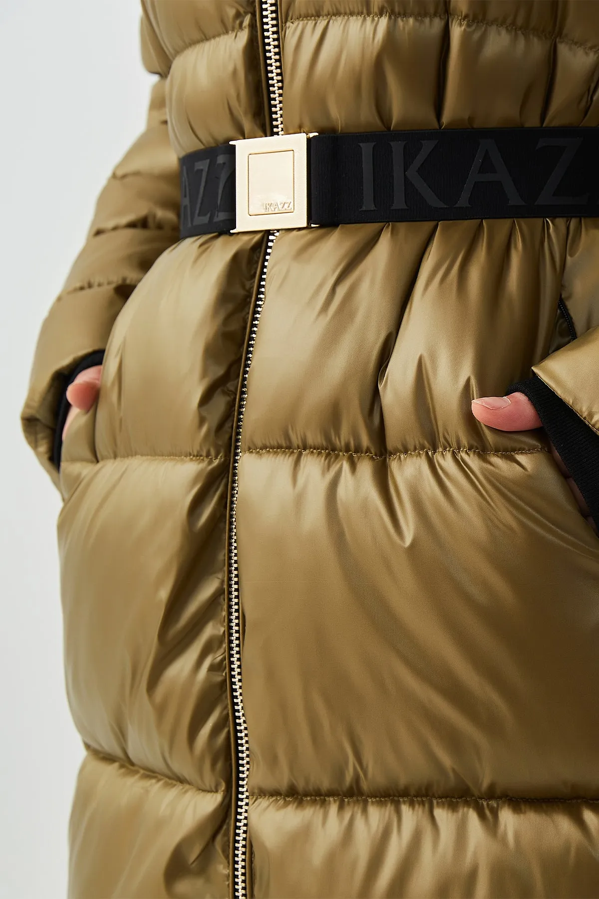 Shiny Belted Mid Length Puffer Coat with Hood