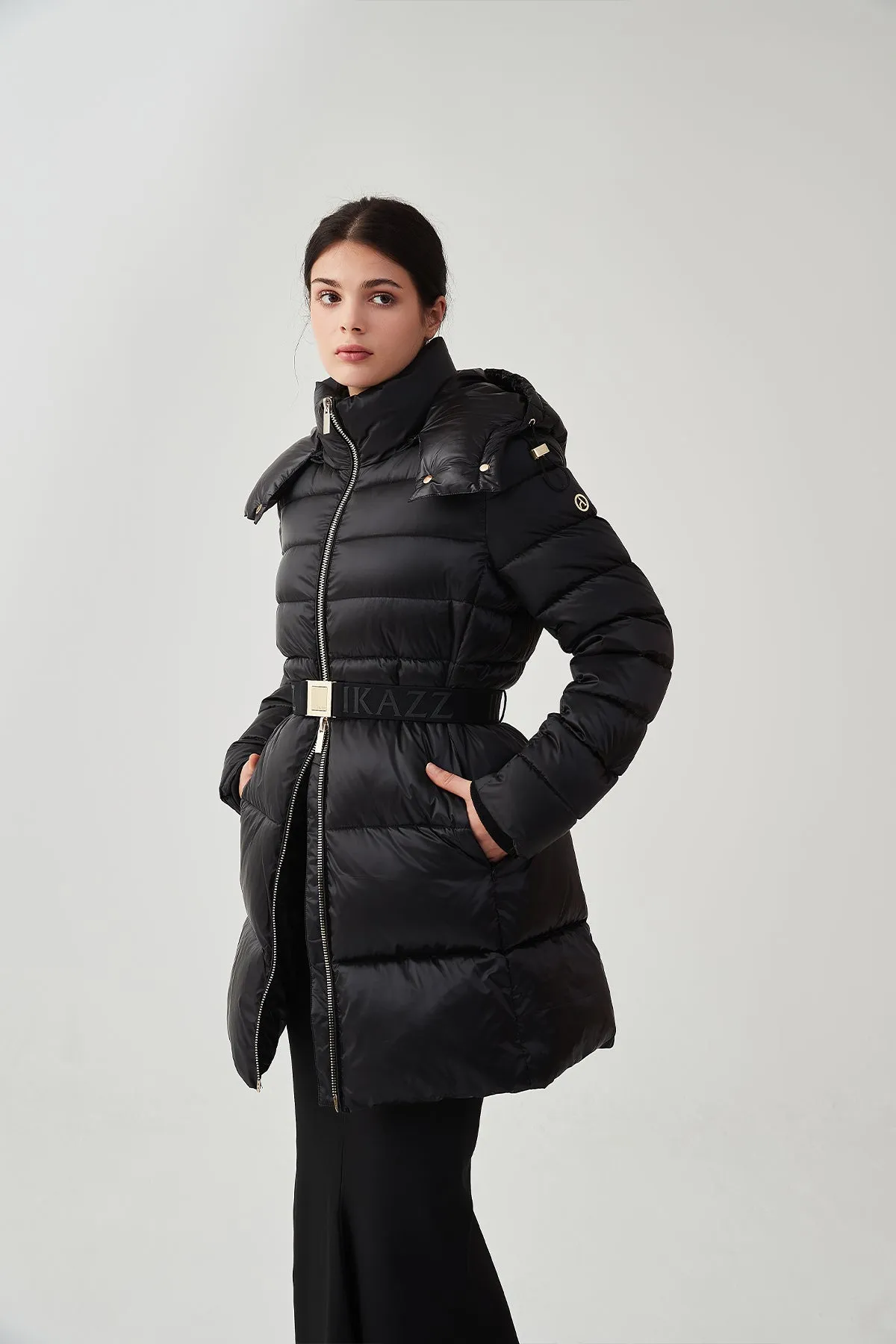 Shiny Belted Mid Length Puffer Coat with Hood