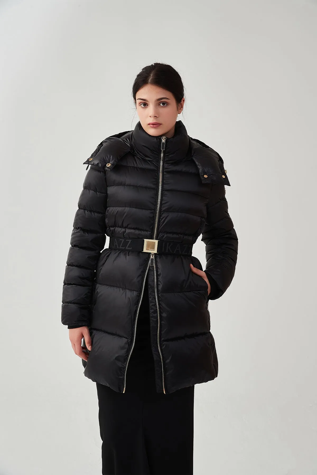 Shiny Belted Mid Length Puffer Coat with Hood