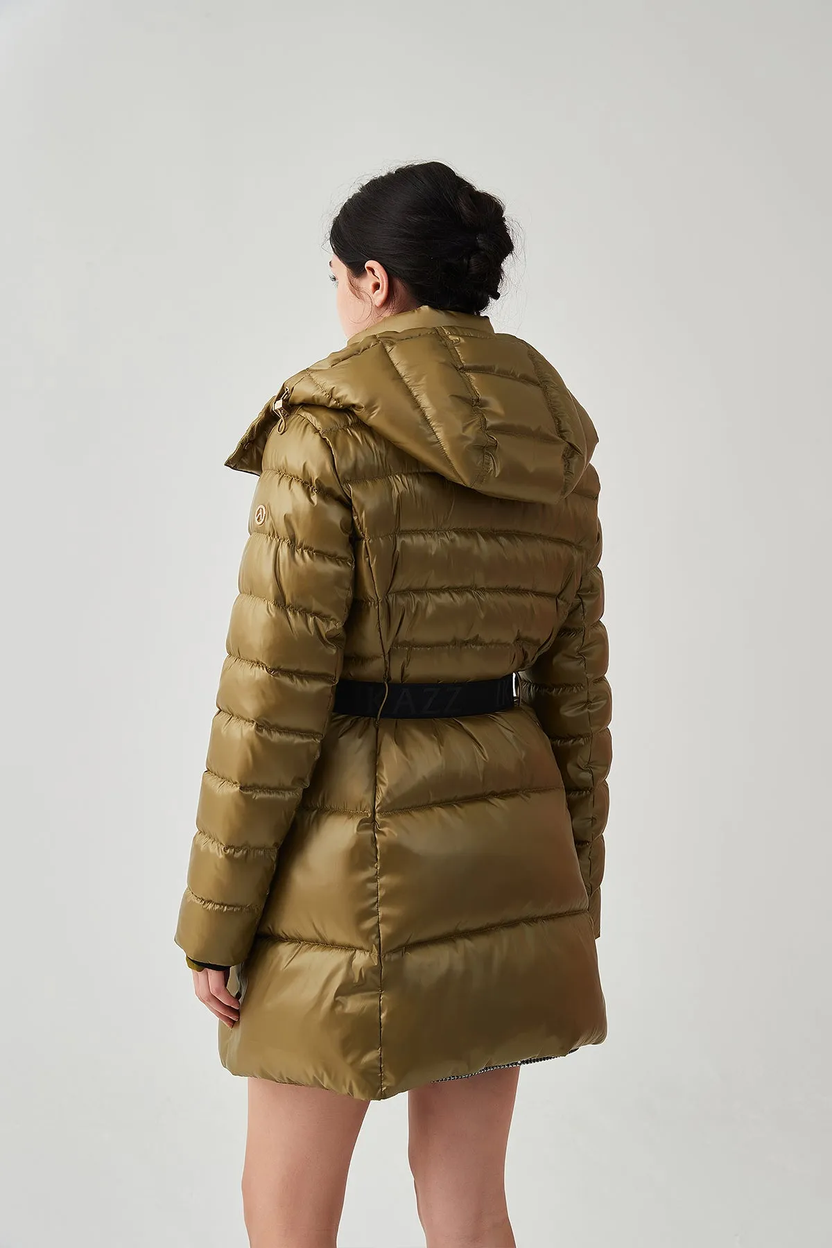 Shiny Belted Mid Length Puffer Coat with Hood