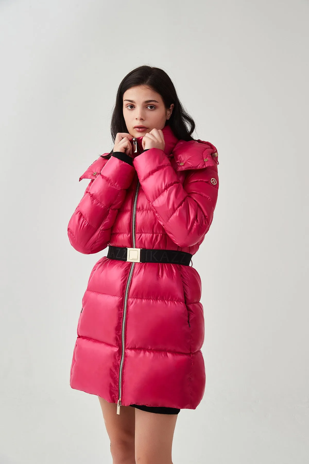 Shiny Belted Mid Length Puffer Coat with Hood