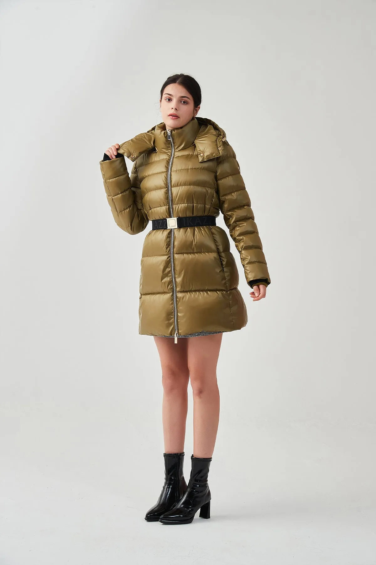 Shiny Belted Mid Length Puffer Coat with Hood