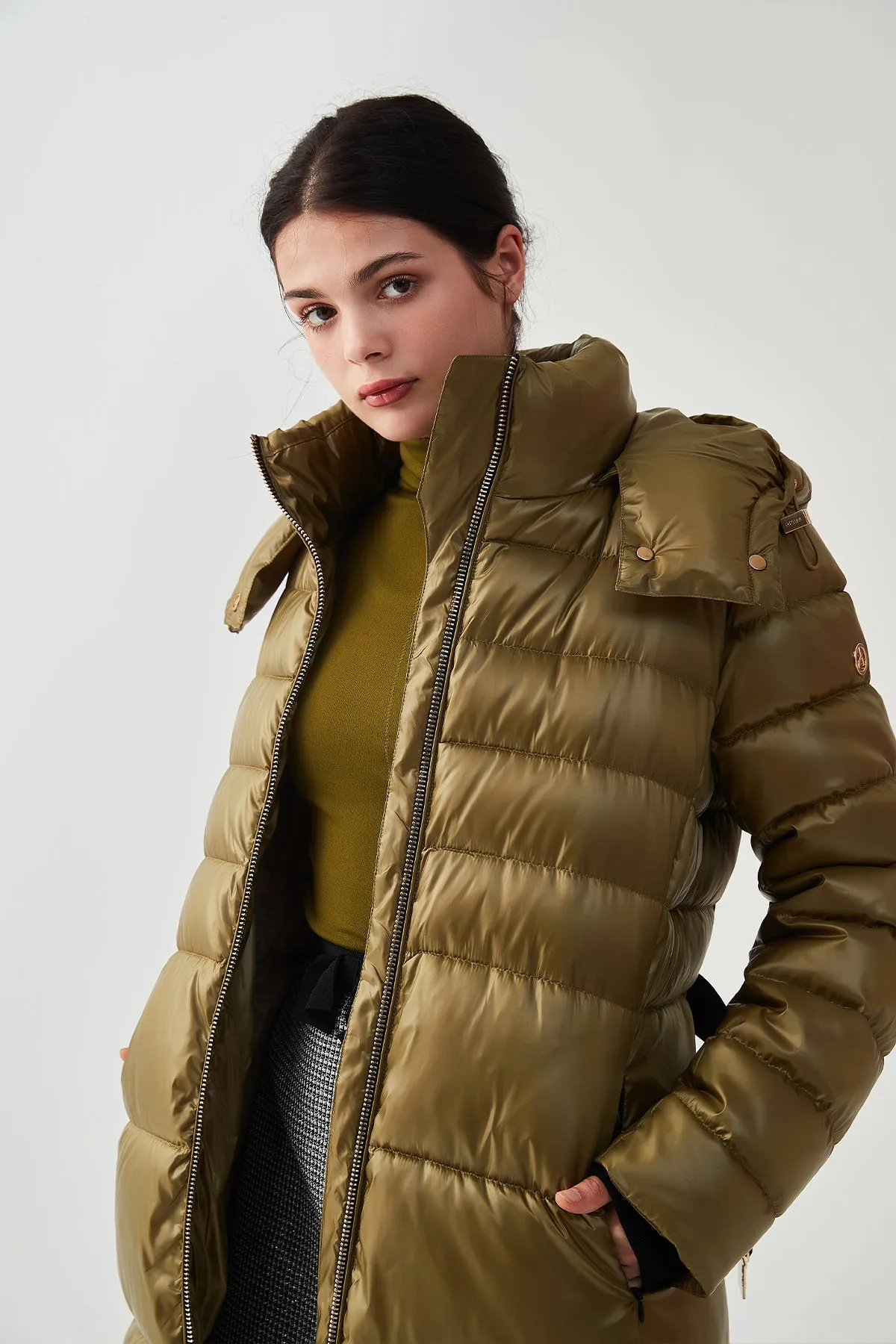 Shiny Belted Mid Length Puffer Coat with Hood