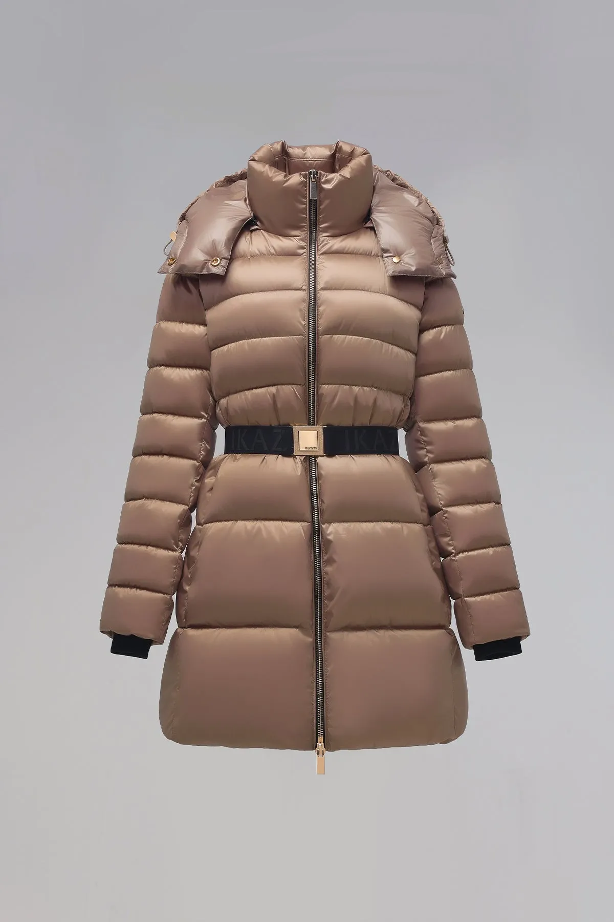 Shiny Belted Mid Length Puffer Coat with Hood