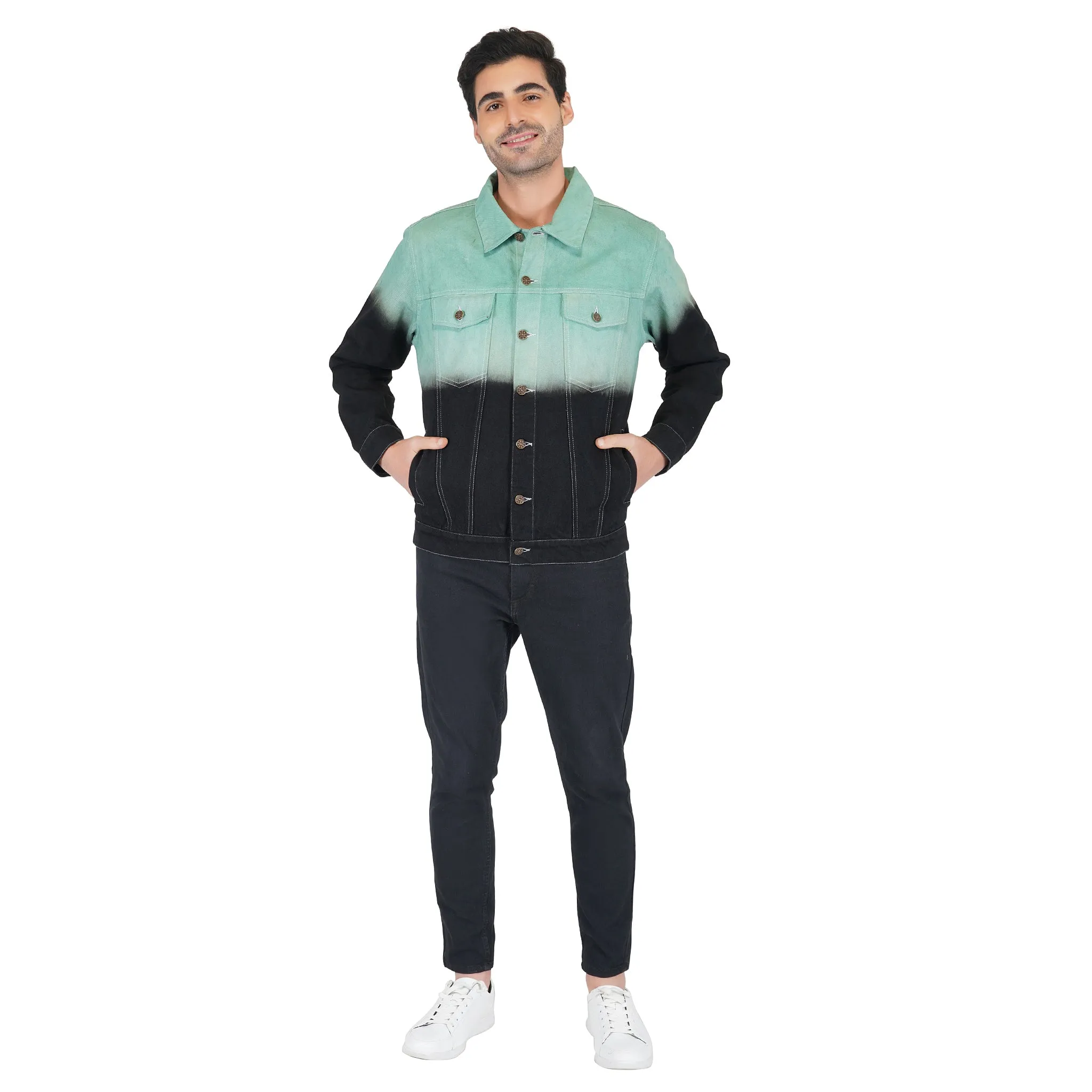 SLAY. Men's Green & Black Ombre Effect Button-Down Ripped Denim Jacket