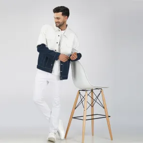 SLAY. Men's White & Blue Patched Colorblock Denim Cotton Biker Jacket For Men