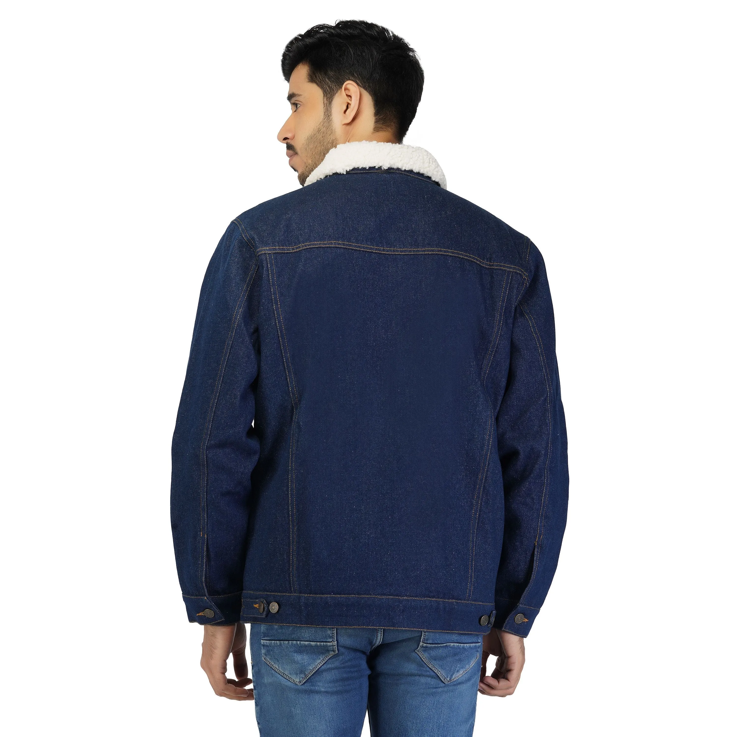 SLAY. Men's Winter wear Full Sleeves Solid Navy Blue Button-Down Denim Jacket with Faux-fur Lining