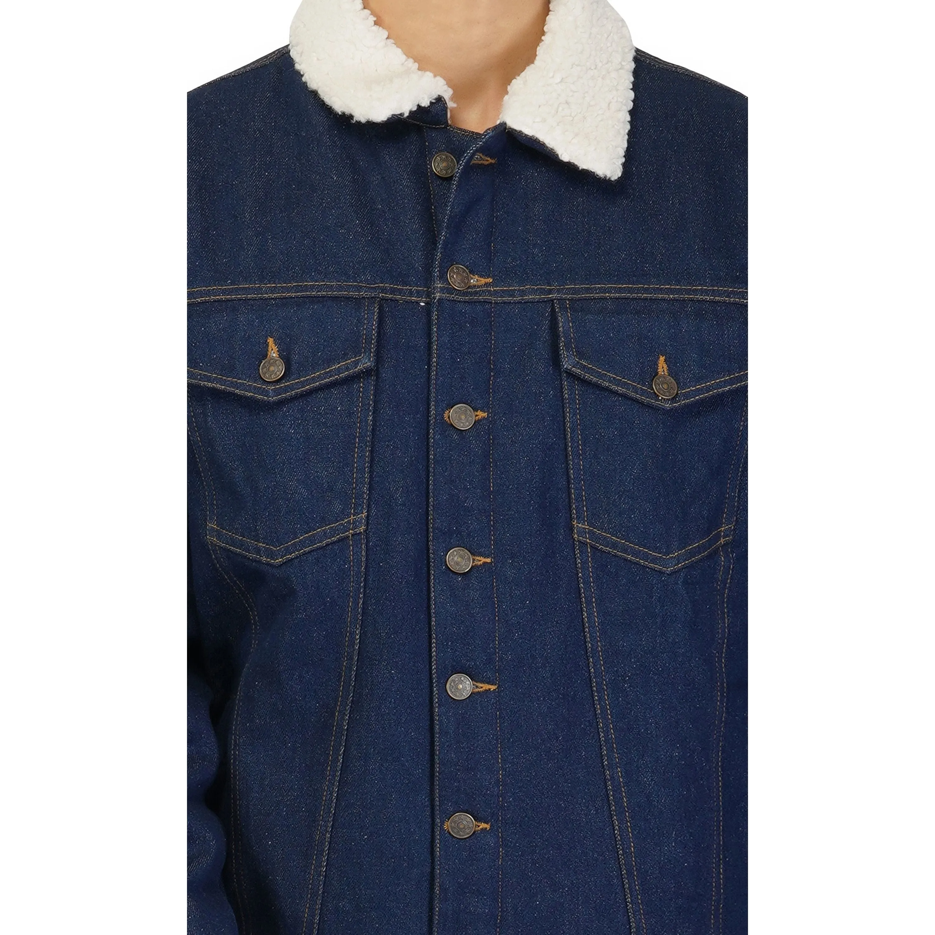 SLAY. Men's Winter wear Full Sleeves Solid Navy Blue Button-Down Denim Jacket with Faux-fur Lining