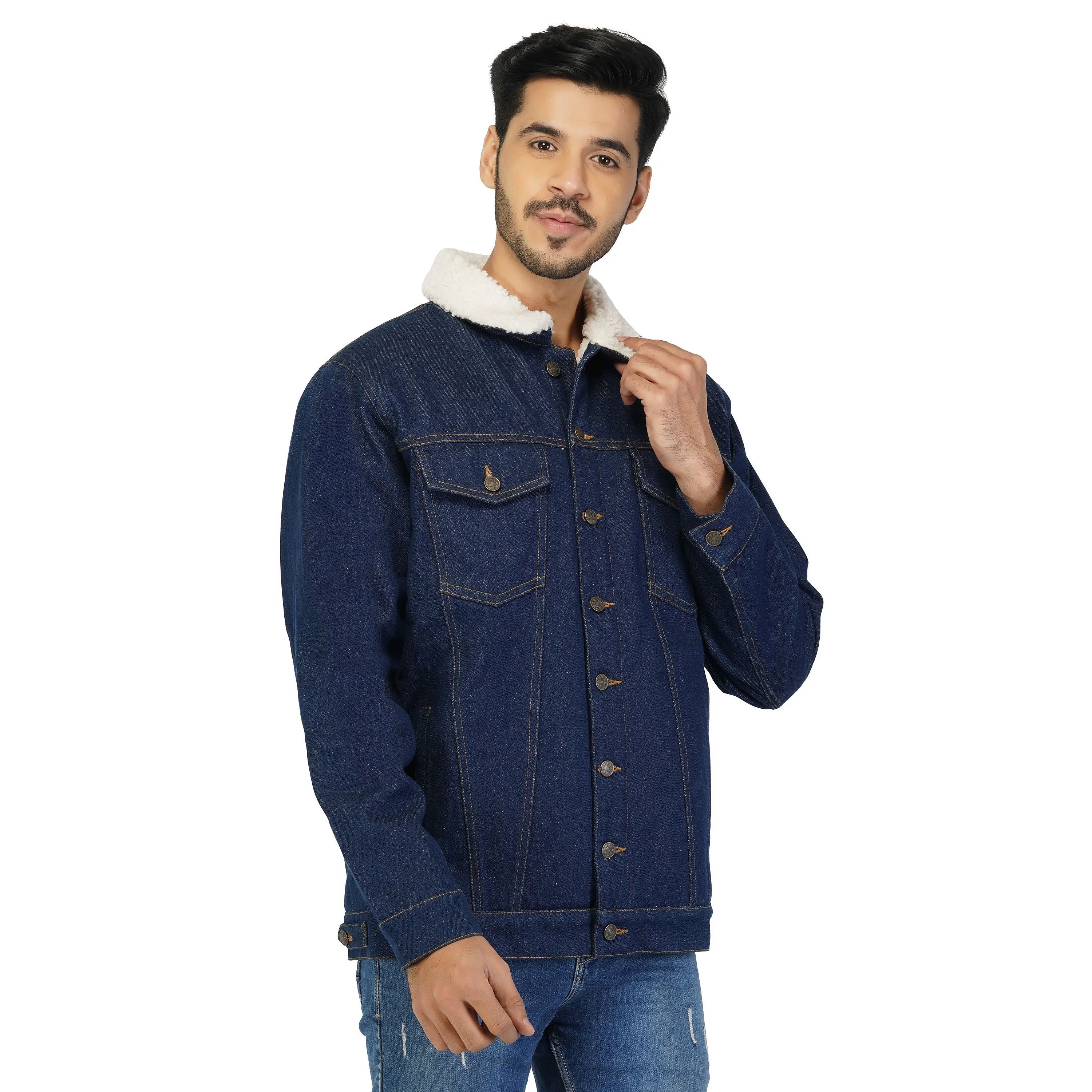 SLAY. Men's Winter wear Full Sleeves Solid Navy Blue Button-Down Denim Jacket with Faux-fur Lining