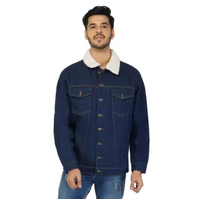 SLAY. Men's Winter wear Full Sleeves Solid Navy Blue Button-Down Denim Jacket with Faux-fur Lining