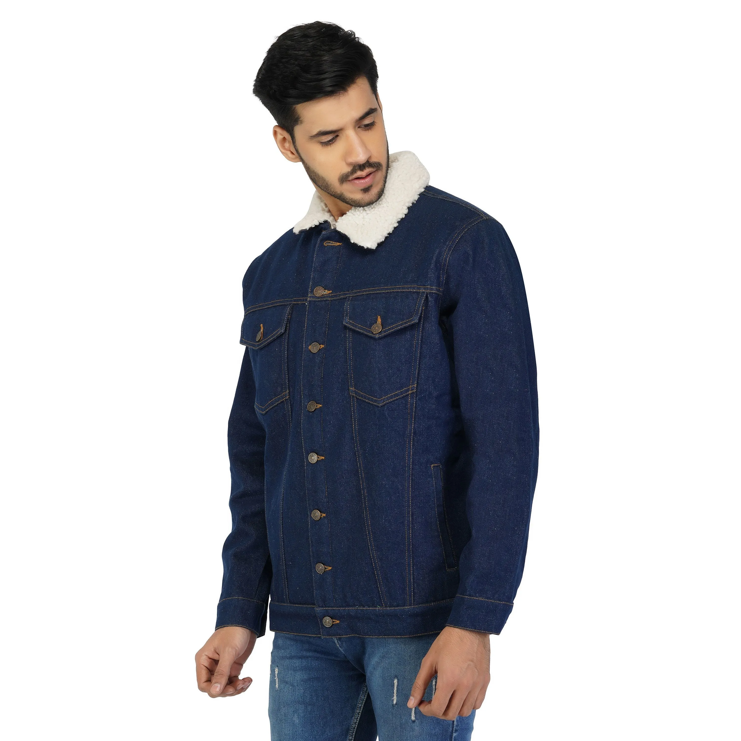 SLAY. Men's Winter wear Full Sleeves Solid Navy Blue Button-Down Denim Jacket with Faux-fur Lining