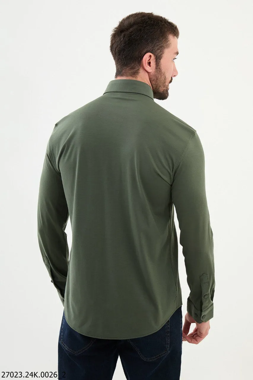 Slim-Fit Green Button-Up Shirt.