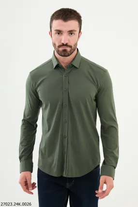 Slim-Fit Green Button-Up Shirt.