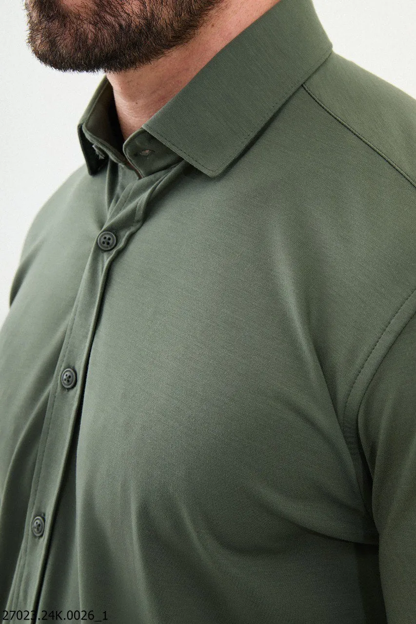 Slim-Fit Green Button-Up Shirt.