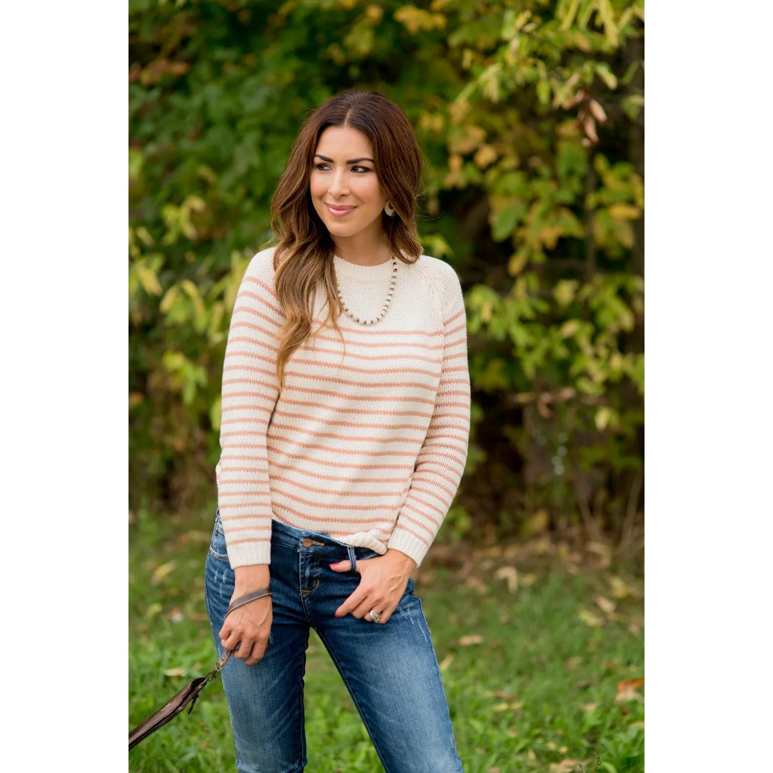 Solid Neckline Striped Knit Sweater