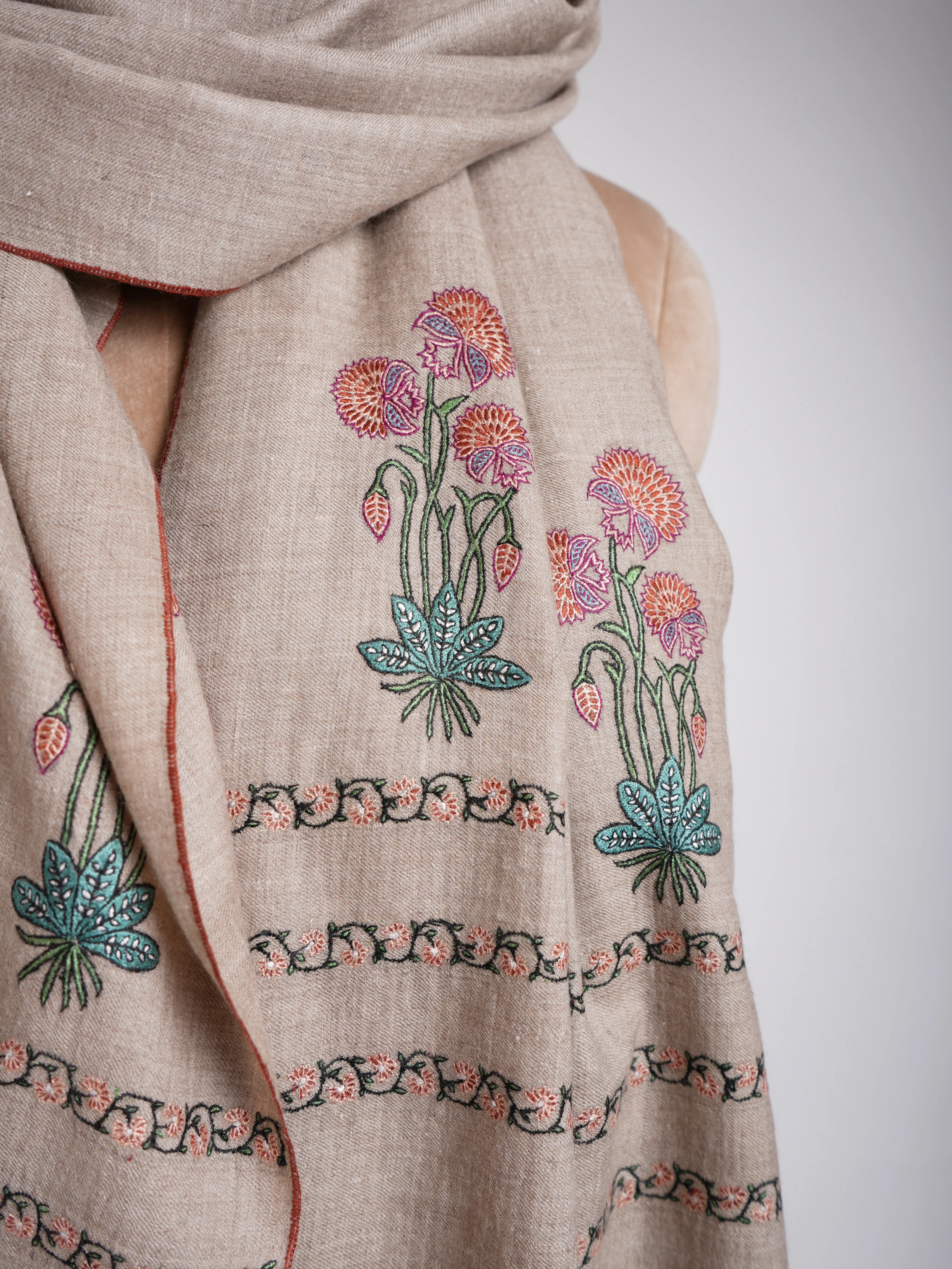 Sozni Palla Buti Hand Embroidered Pashmina Shawl Natural