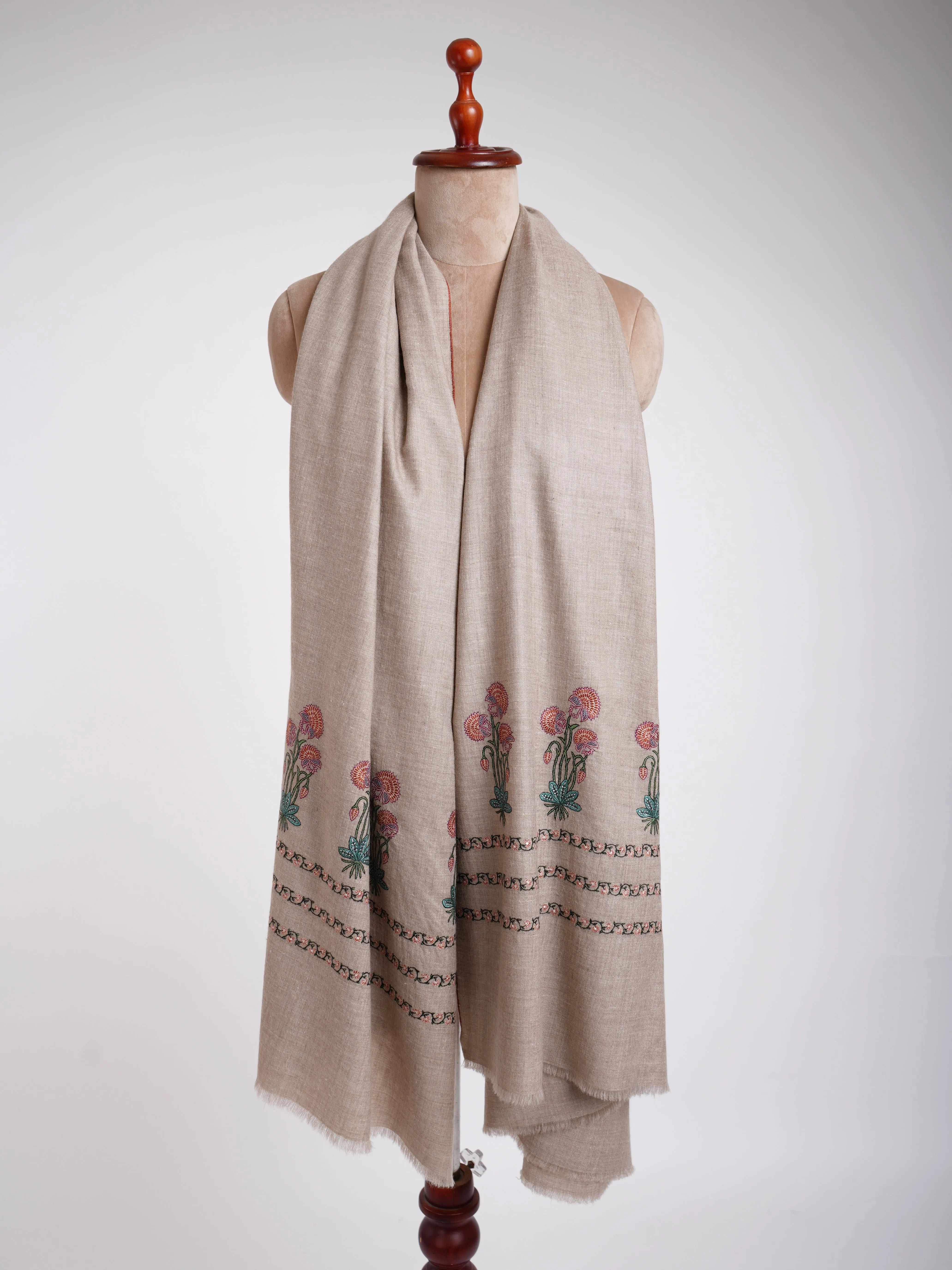 Sozni Palla Buti Hand Embroidered Pashmina Shawl Natural