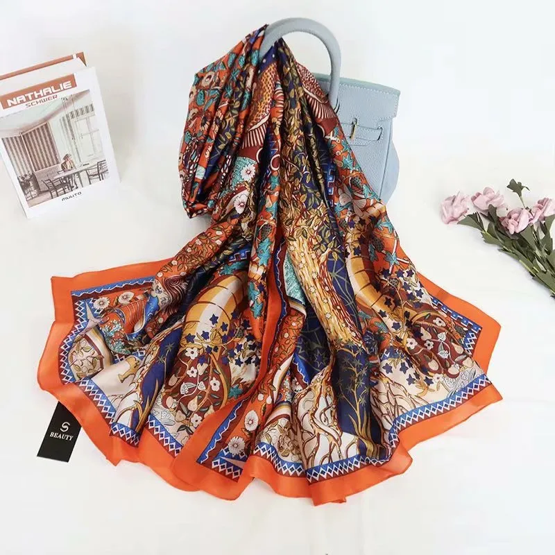 Summer simulation silk printing fortune tree scarf temperament female all-match sunscreen silk scarf tulle large shawl