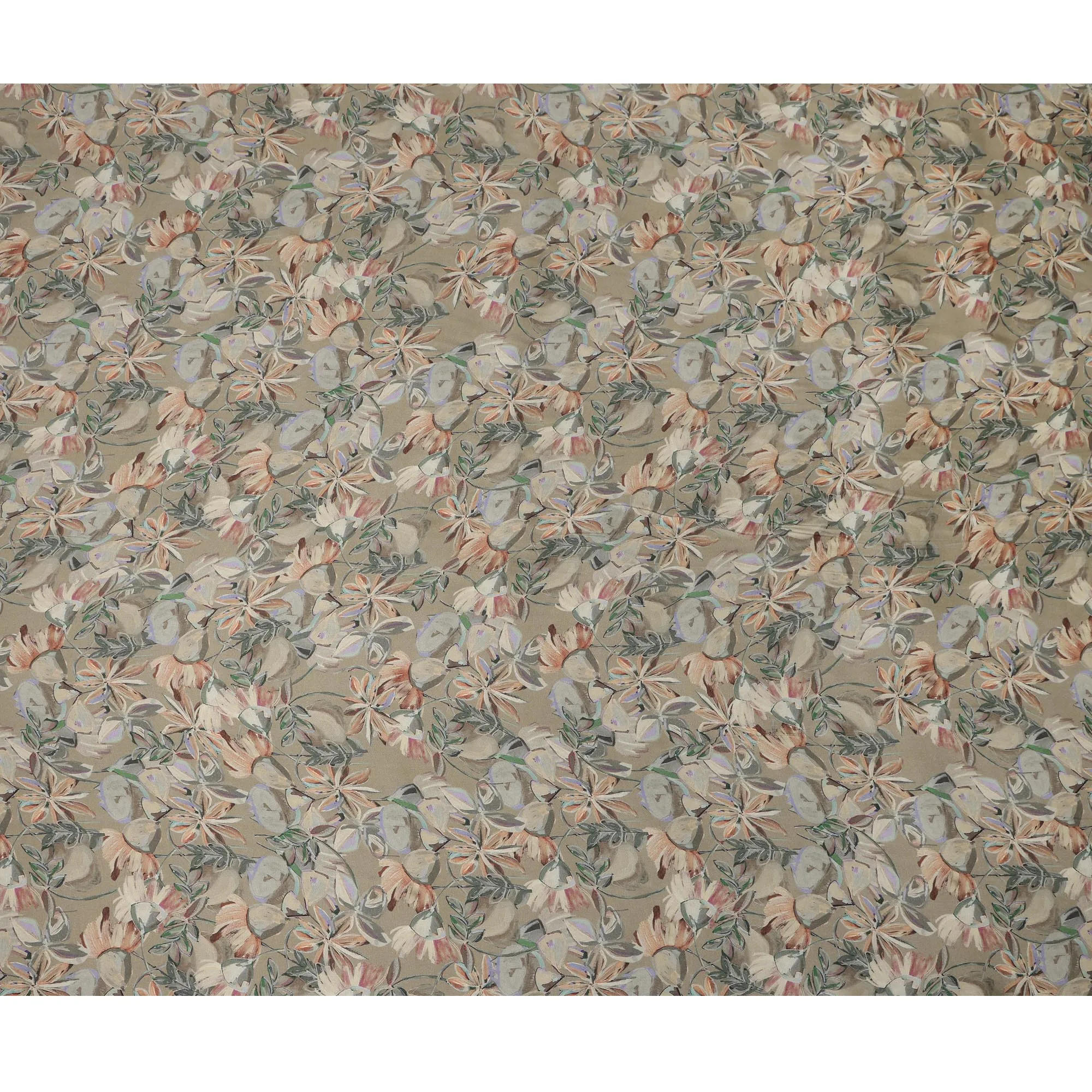 Taupe Synthetic Modal Satin Fabric with Floral Print, 110 cm Width-D20954