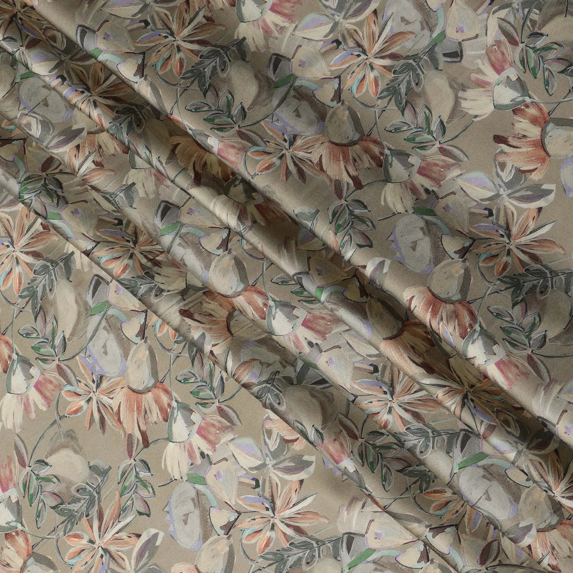 Taupe Synthetic Modal Satin Fabric with Floral Print, 110 cm Width-D20954