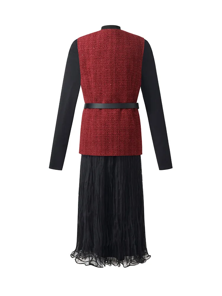 Tweed Vest And Midi Skirt And Knit Top Three-Piece Set With Belt