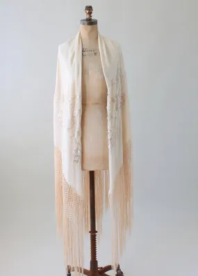 Vintage 1920s Embroidered Ivory Silk Shawl with Fringe