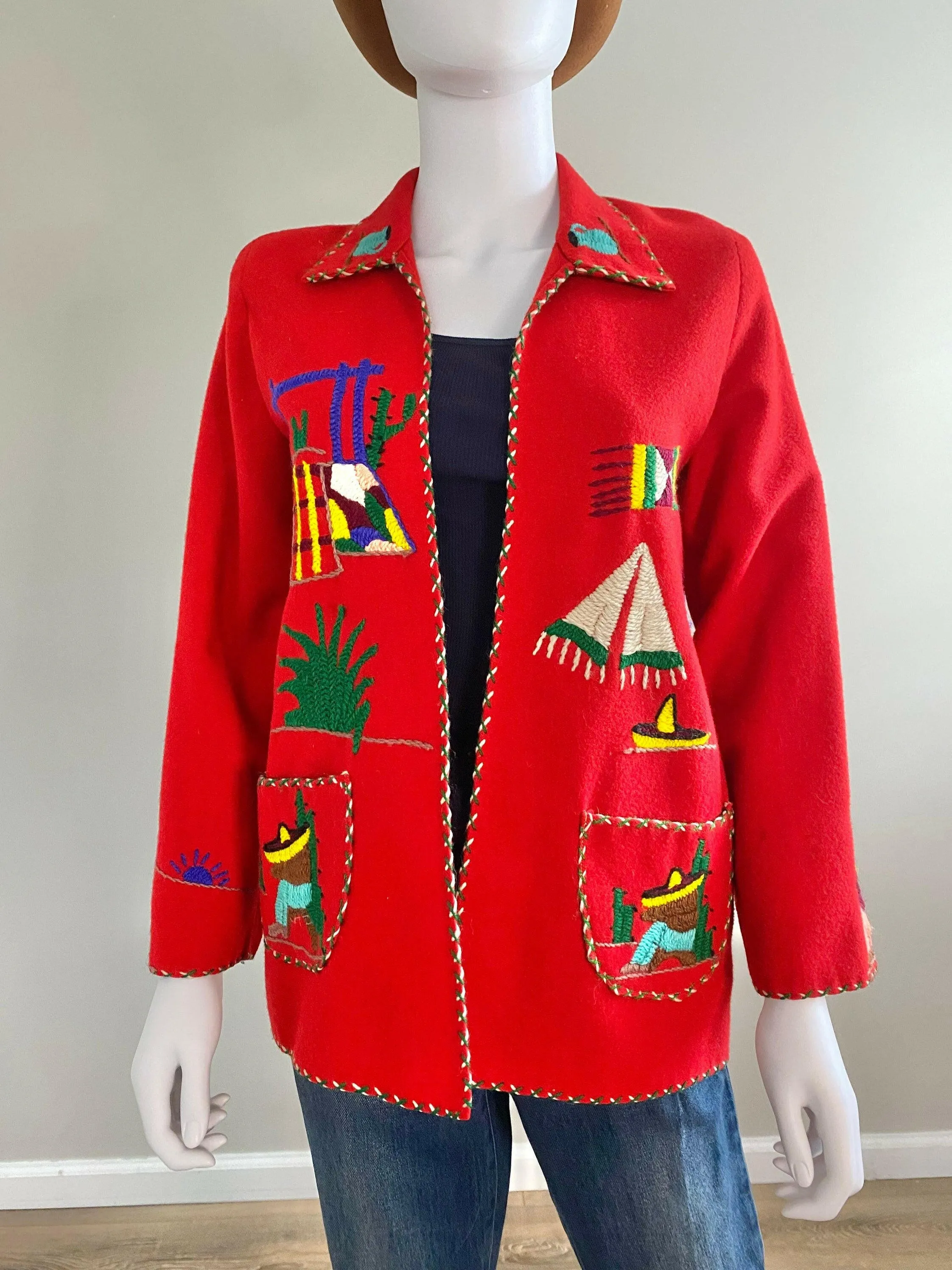 Vintage 1950s Red Mexican Souvenir Jacket / 50s red novelty print coat / 1950s red blazer / Size S