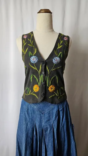 Vintage embroidered vest, flowers & vines, stretchy! S-M