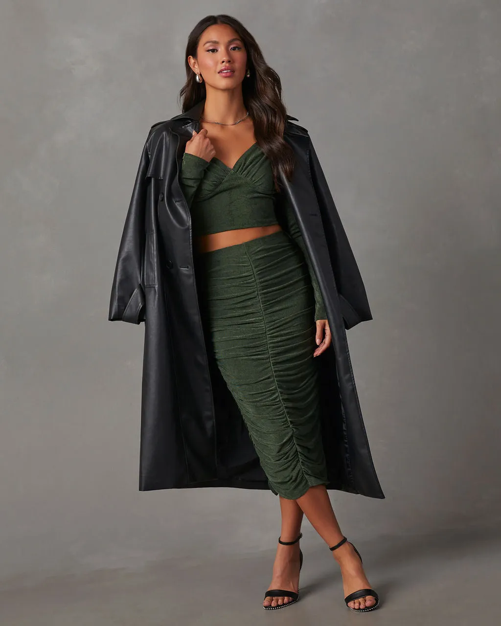 Weekend Vibes Ruched Slinky Midi Skirt