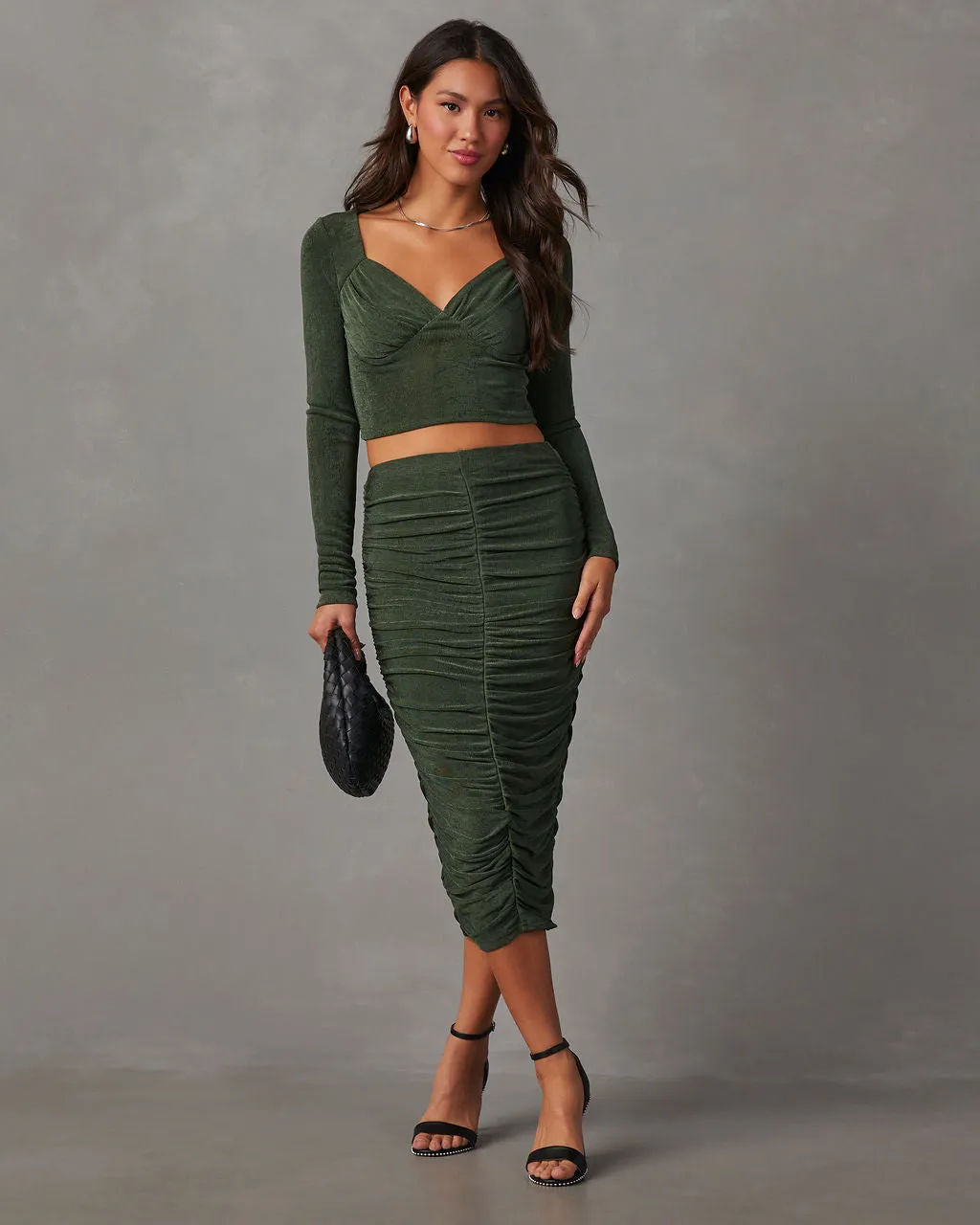 Weekend Vibes Ruched Slinky Midi Skirt