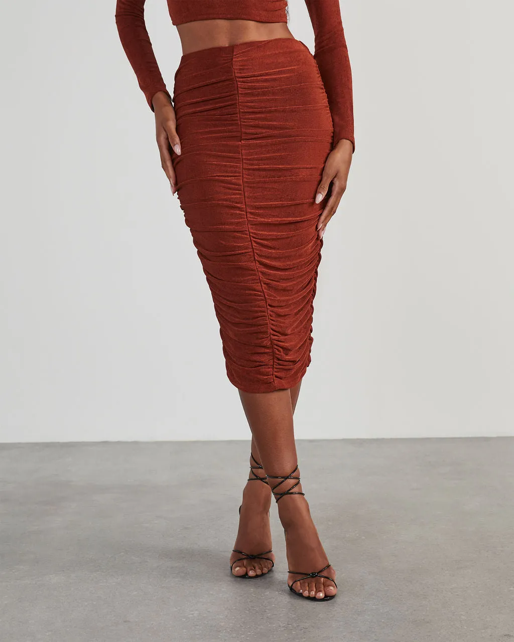 Weekend Vibes Ruched Slinky Midi Skirt