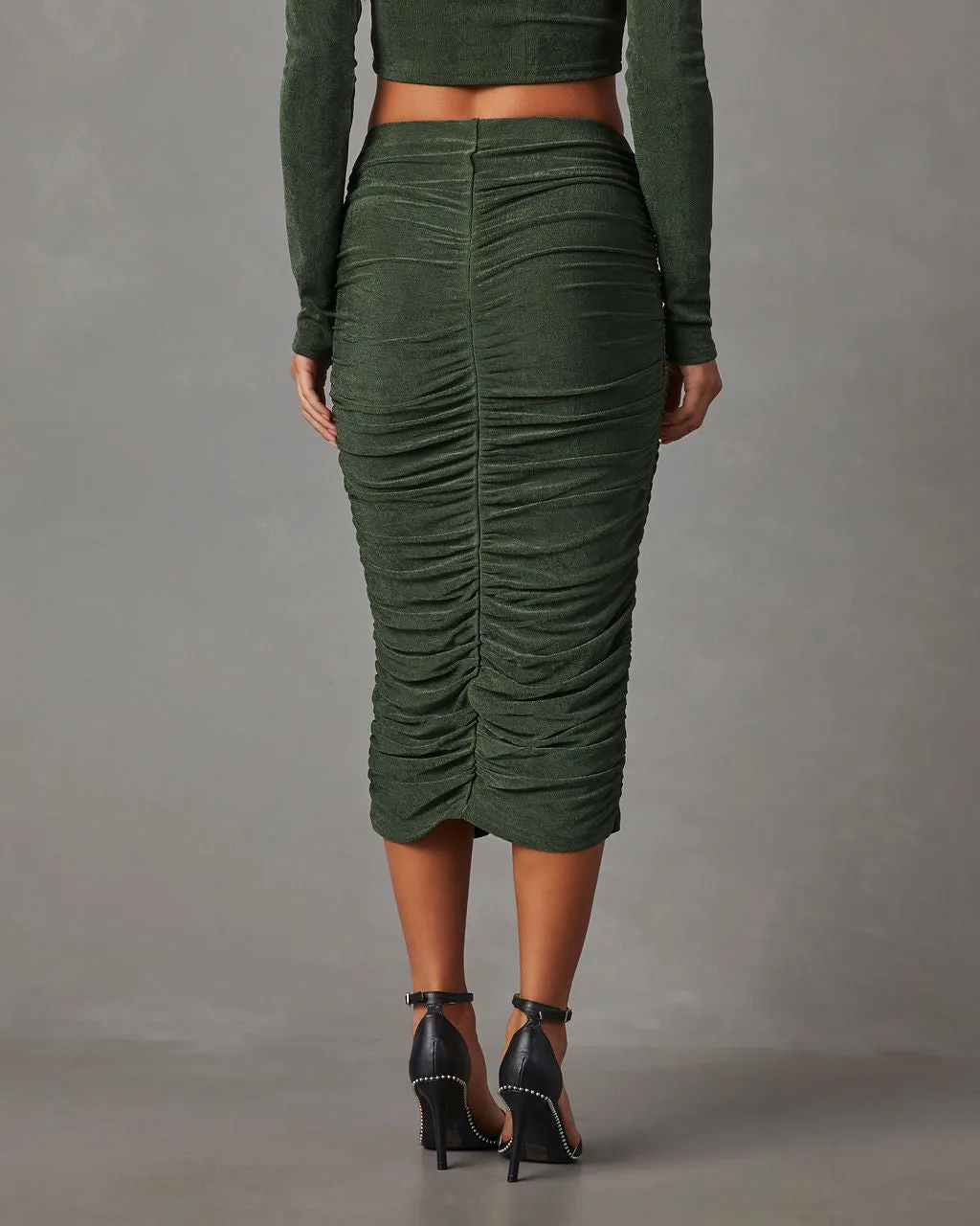 Weekend Vibes Ruched Slinky Midi Skirt