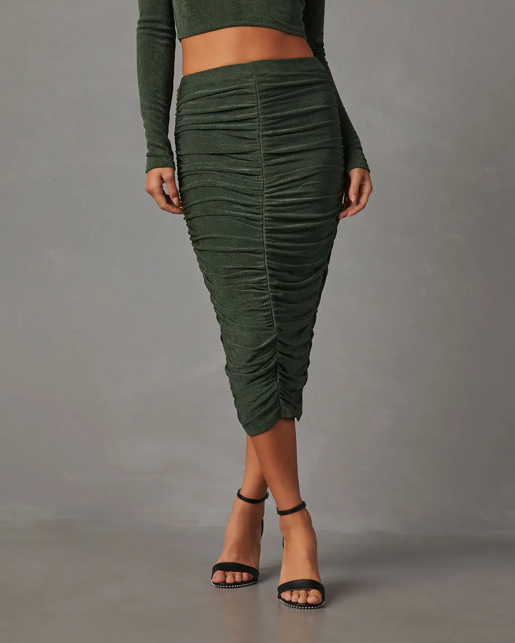 Weekend Vibes Ruched Slinky Midi Skirt