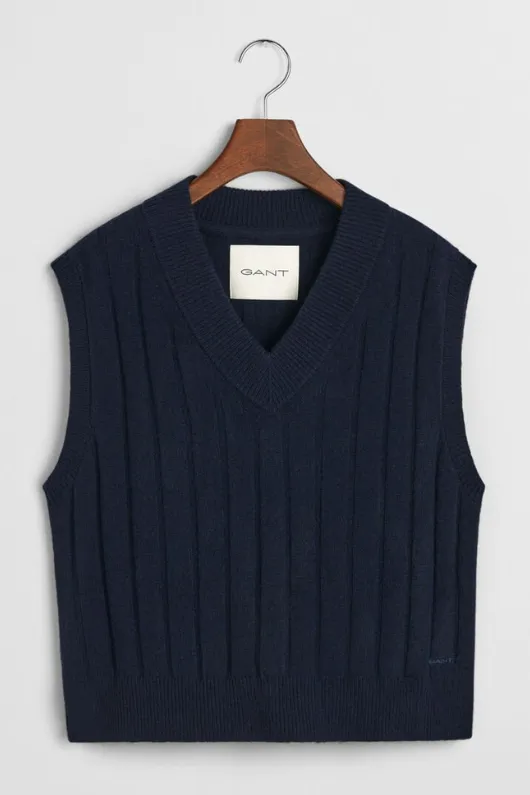 Wide Ribbed Wool V-Neck Vest