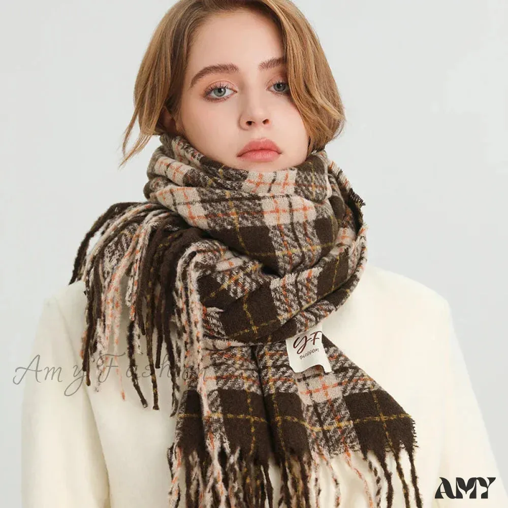 Winter Warm Cashmere-Like Plaid Blanket Wrap Scarf for Women