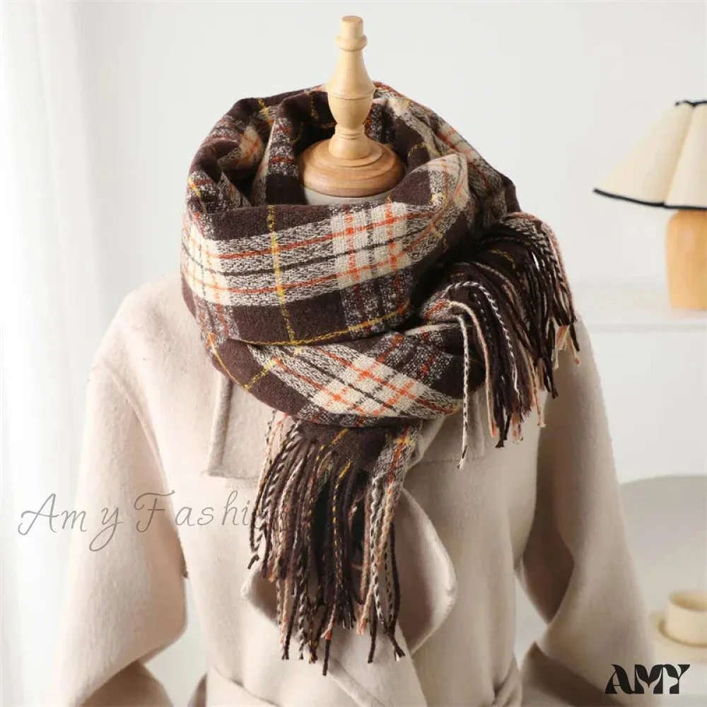 Winter Warm Cashmere-Like Plaid Blanket Wrap Scarf for Women